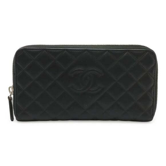 CHANEL Authentic Black Diamond Leather Logo Wallet